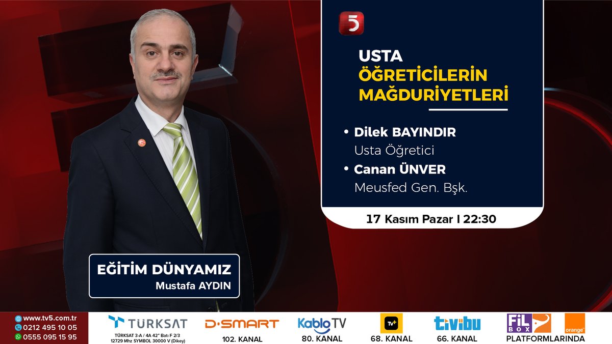 tv5televizyonu's tweet photo. - Usta Öğreticilerin Mağduriyetleri

@hmustafaaydin2 soruyor, Usta Eğitici Dilek Bayındır ve MEUS-FED Genel Başkanı Canan Ünver cevaplıyor.

#EğitimDünyamız bugün 22:30'da #TV5'te. https://t.co/inheqyZFjY