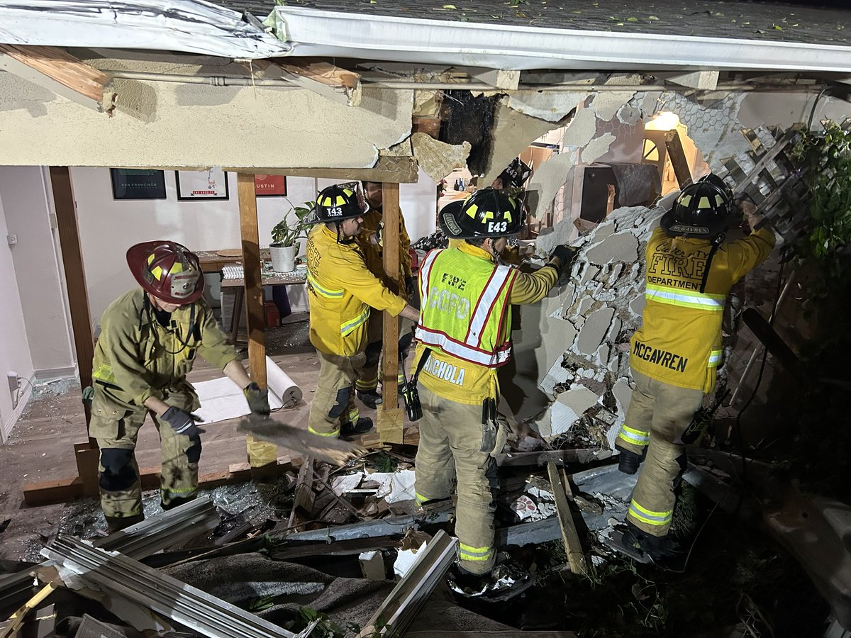 CC_Firefighters's tweet photo. .@CulverCityFD responded to a vehicle into a structure on the SB 405 at Washington Blvd off ramp earlier this evening. The vehicle fleeing from CHP blew through the guard rail and into the living room of the home below. SMFD USAR was requested to shore the compromised structure. https://t.co/jyj3cpLAVq