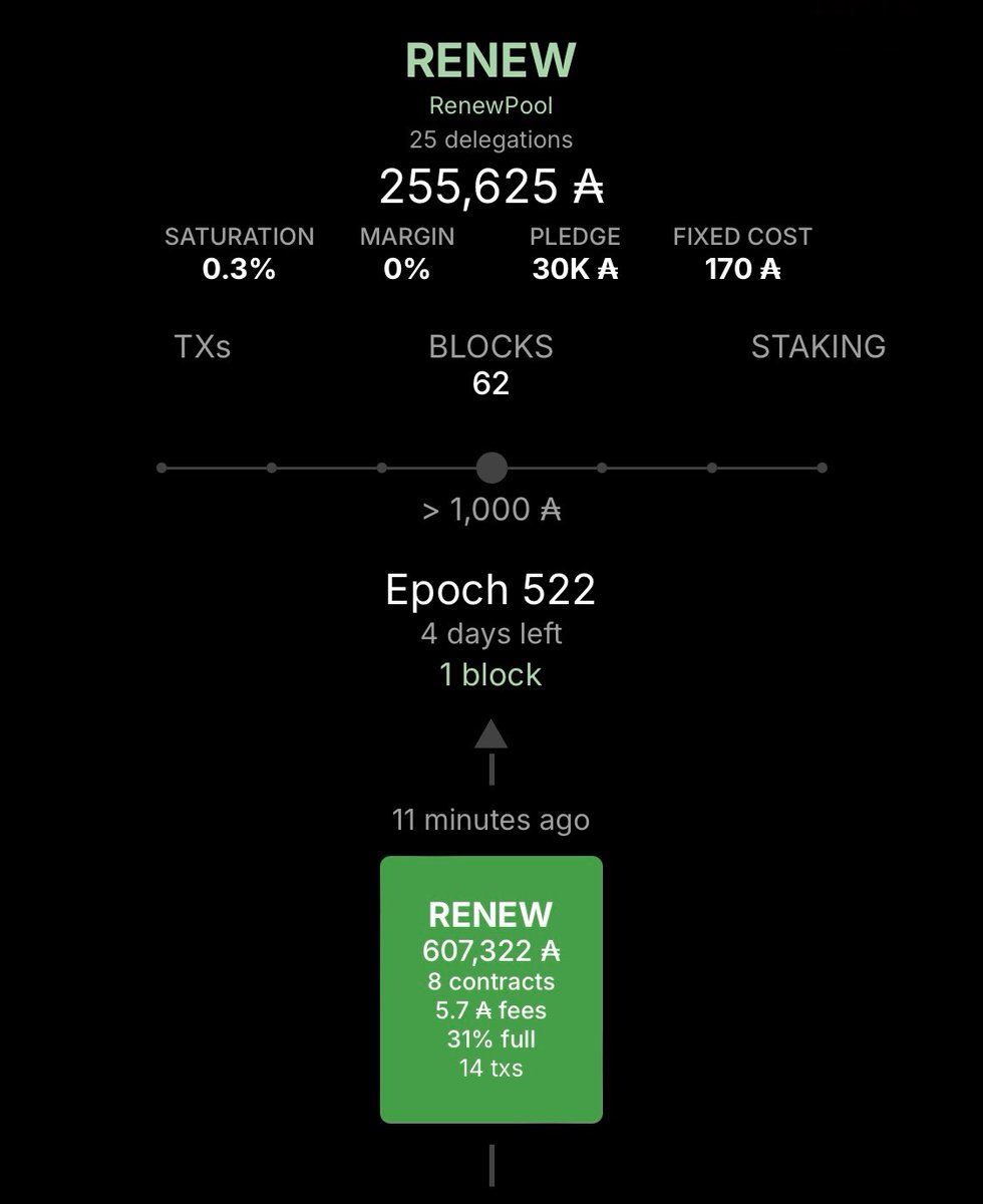 Thank you to all delegators of #Cardano RENEW pool! 🙏🏻

Epoch 522 block successfully minted.