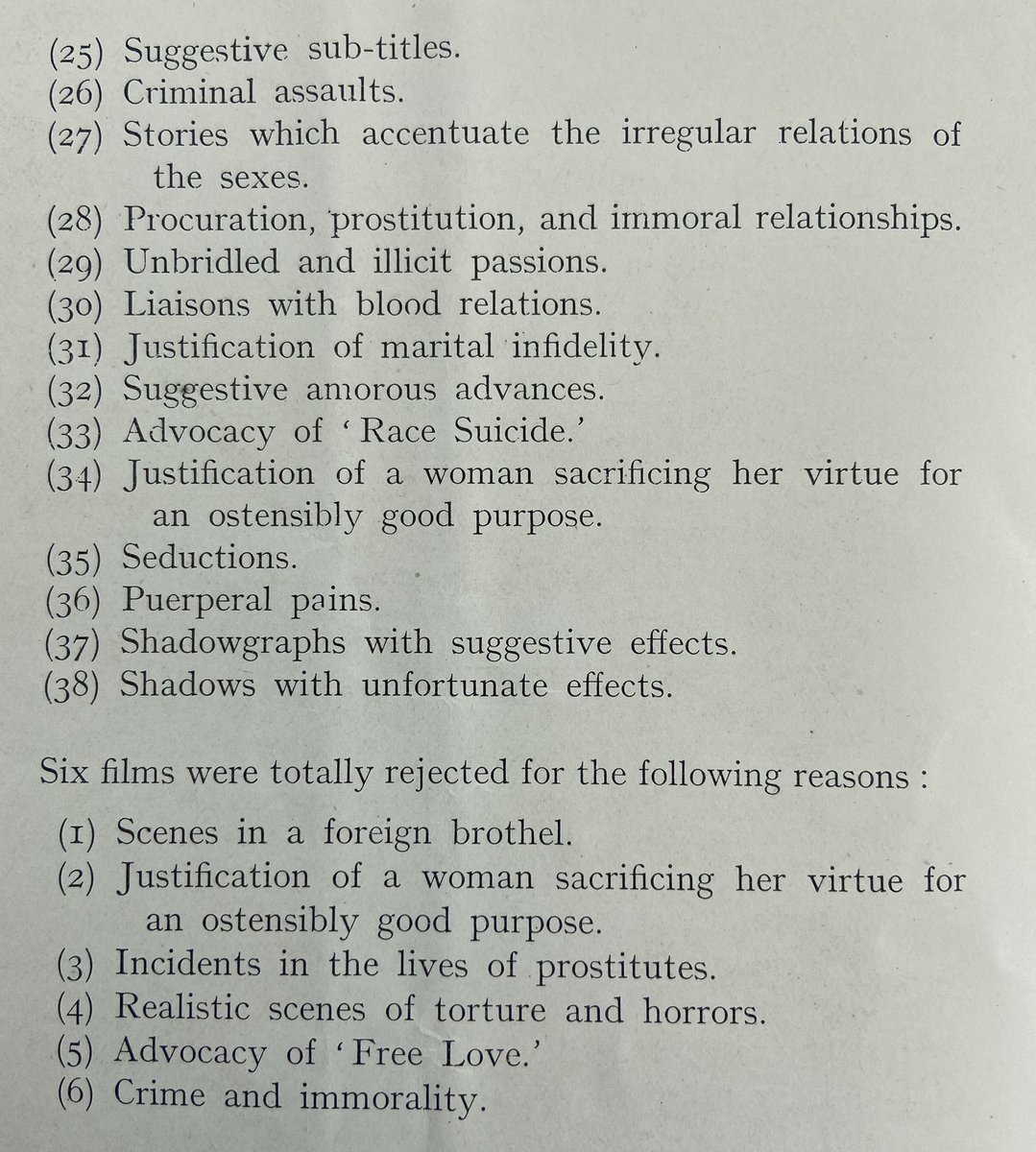 The 1921 Report of the British Board of Film Censors with the list of scenes that the examiners had taken exception to that year