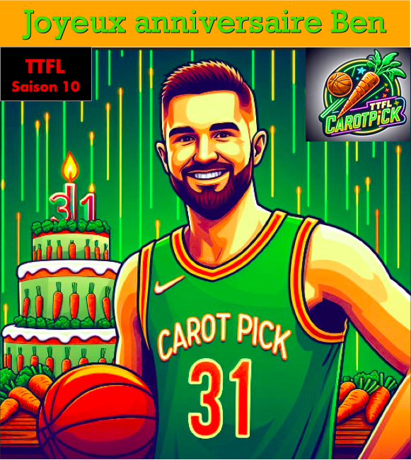 La team CarotPick souhaite un très bon 31eme anniversaire à <a href="/BenPzt/">Ben Pzt</a> . 
Plein de bonnes choses pour lui entourer de ses proches. 
on lui souhaite plein de BP (1 pour le moment), moins de 🥕(2) et de picks out (1) et surtout une remontée au classement (7731ème aujourd'hui).
😘
