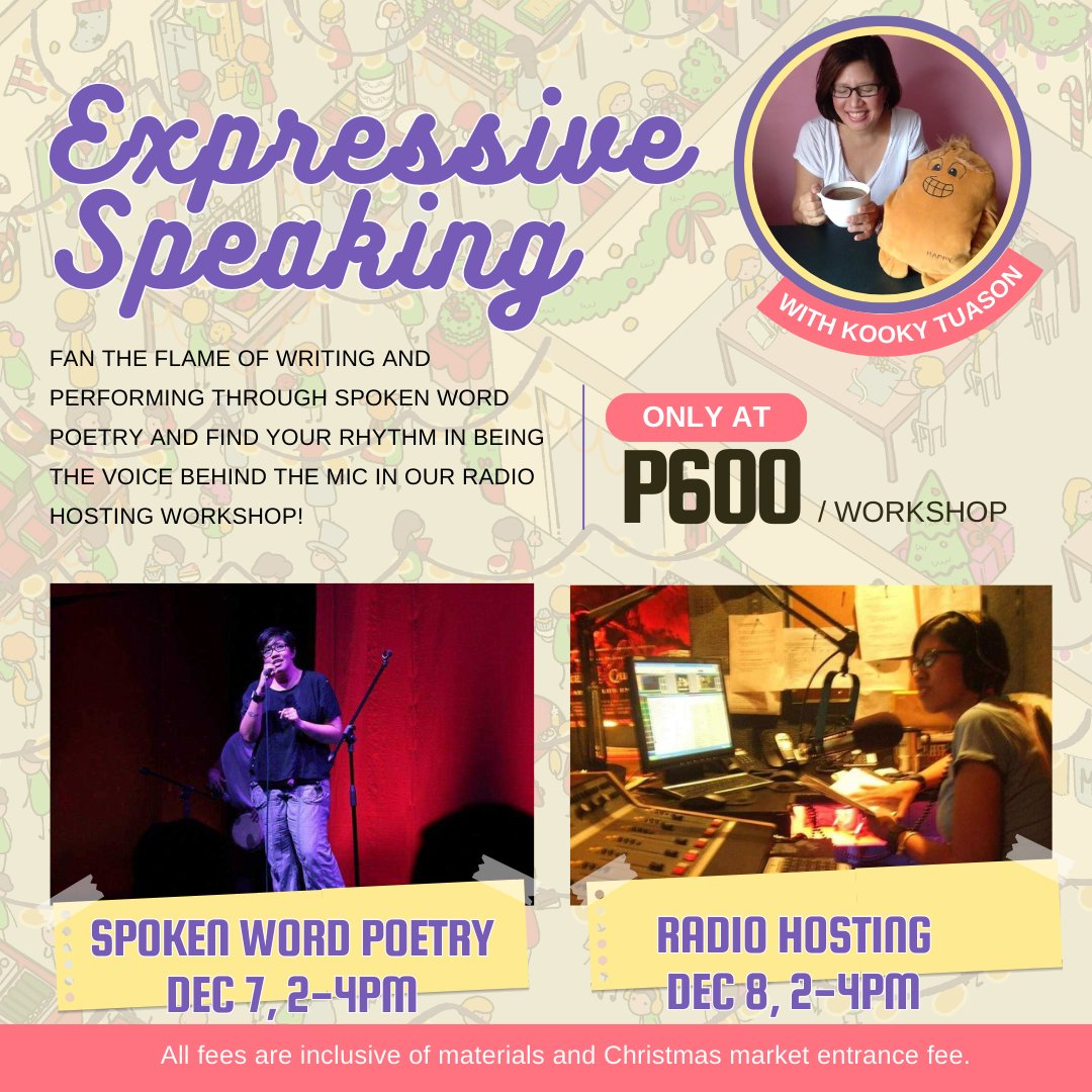 Enroll in my classes at Deartime Bookstore's Whoville Christmas Market 😊

Dec 7 - Spoken Word Workshop
Dec 8 - Host a Radio Program

2pm @ Viewfinder Studios, Amorsolo, Makati

Limited slots

Register here forms.gle/Xr8bd6NTzNDyBr…

#kookytuason #spokenword #radiohosting #workshop