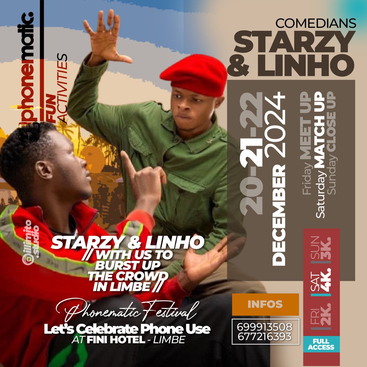 PhonematicFest's tweet photo. Starzy and Linho, the comedy duo who have a huge body of work with more than 800 skits acted together, will be with us to celebrate the Use of Phone at FINI HOTEL Limbe Beach. 
Get your PASS now and receive a customized digital ticket via WhatsApp https://t.co/VKvW7x9bRQ https://t.co/BtzIHwzTuC