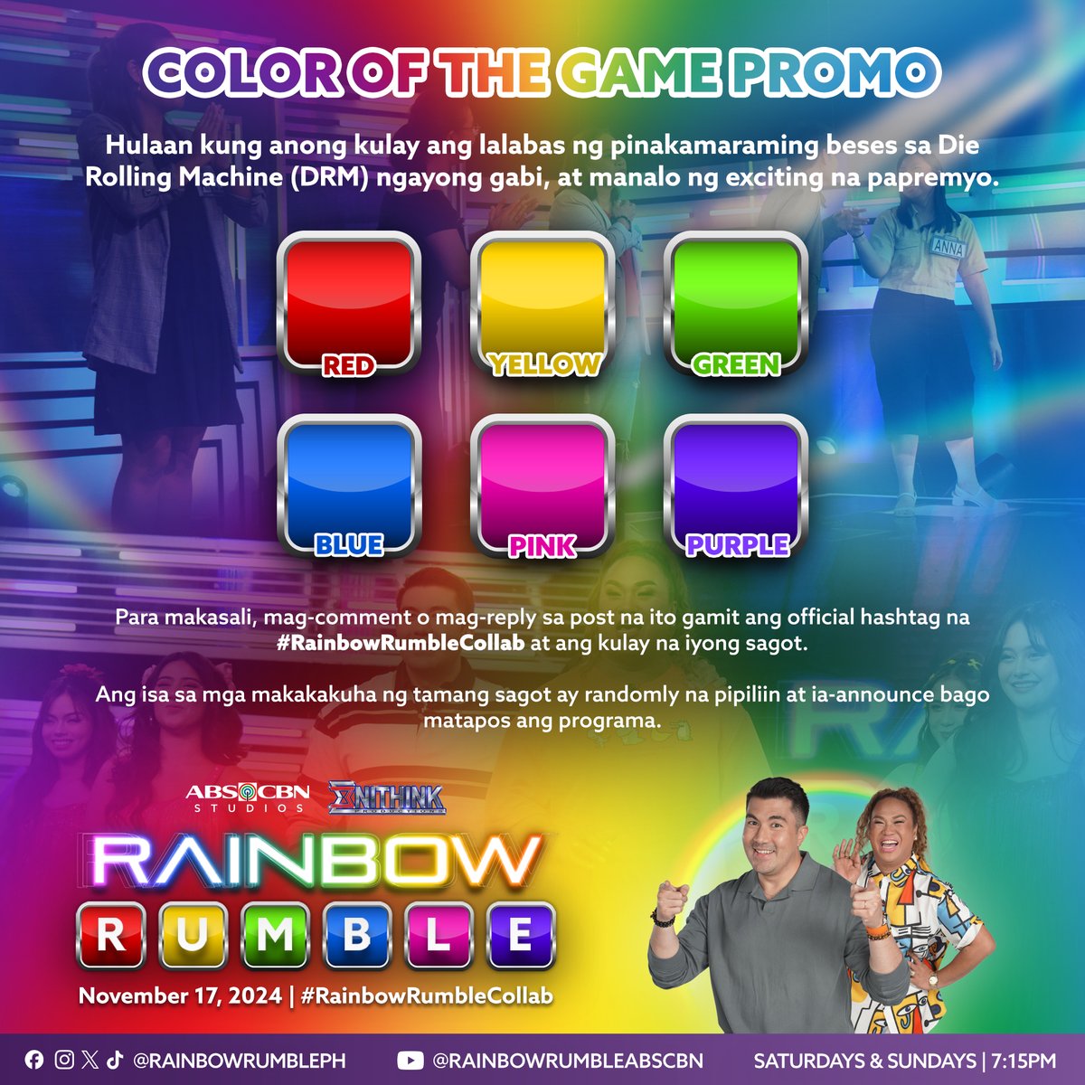 RainbowRumblePH's tweet photo. Chance mo na para manalo ng exciting na papremyo sa COLOR OF THE GAME promo! 🌈💪🏻

Hulaan kung anong kulay ang lalabas ng pinakamaraming beses sa DRM ngayong Linggo ng gabi. Para makasali, mag-reply dito gamit ang hashtag na #RainbowRumbleCollab at ang kulay na iyong sagot. https://t.co/DjDLAqFd8D