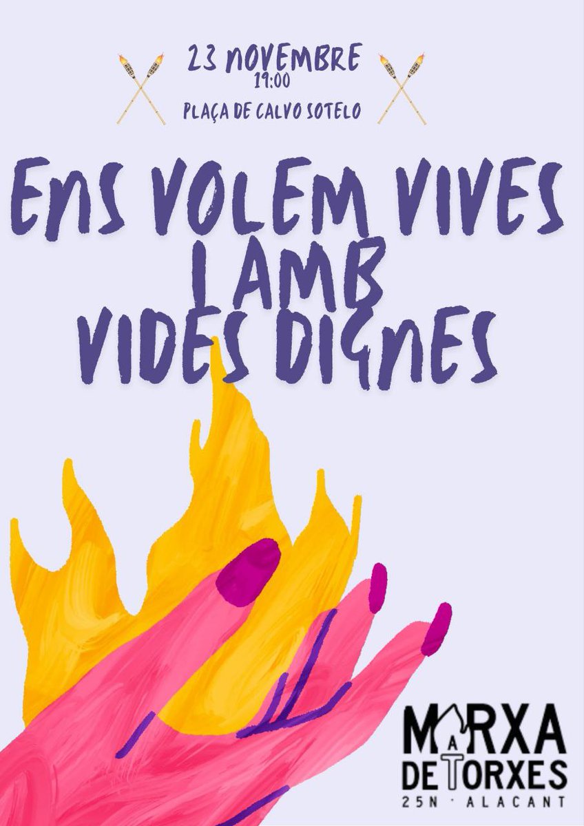 🟣📢 El 23 de novembre tornem a eixir als carrers d’Alacant per cridar ben fort que ENS VOLEM VIVES I AMB VIDES DIGNES!

I ho farem pensant també en les víctimes de la DANA. Especialment en totes les supervivents que sumen la violència masclista a la desgràcia del temporal.