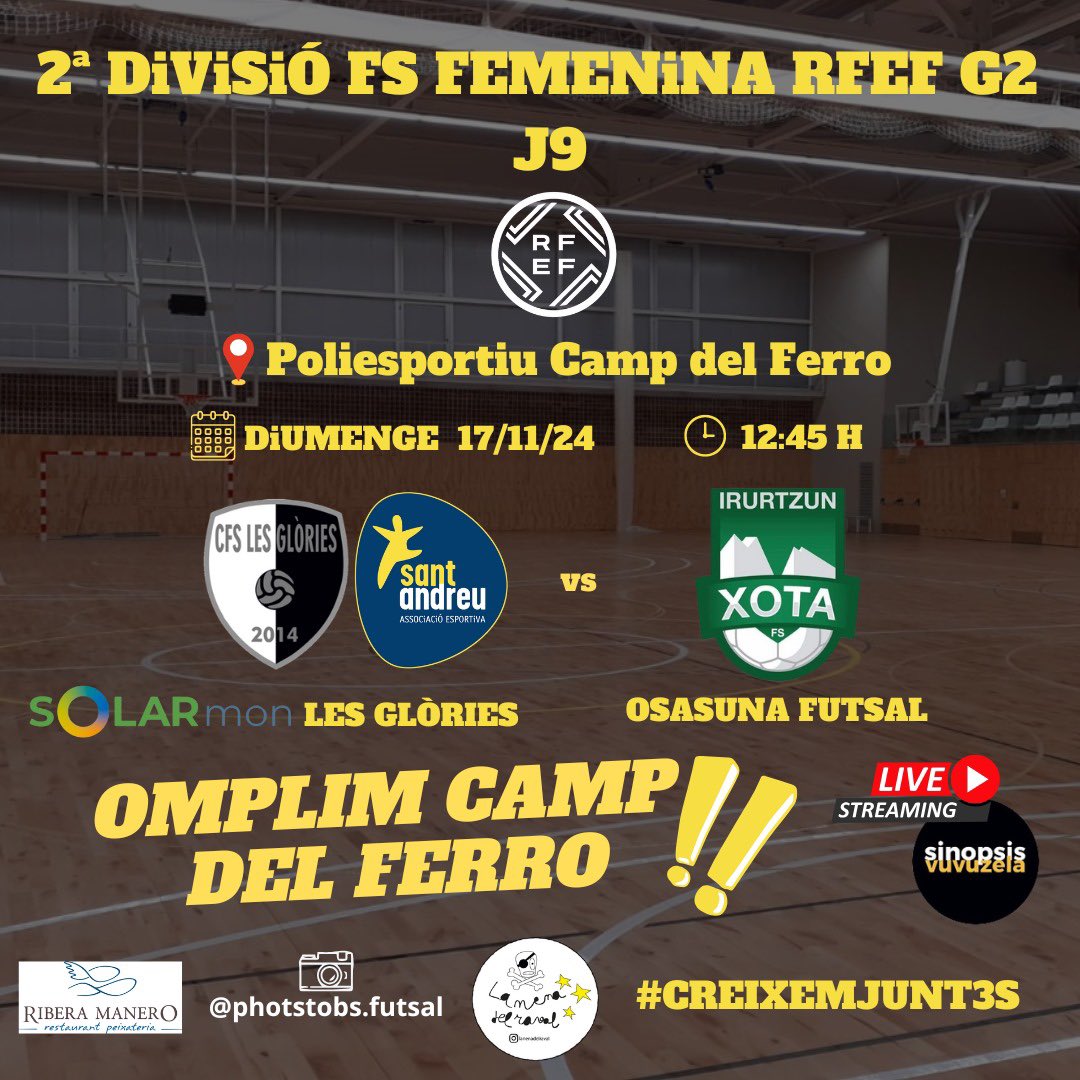 Poliesportiu Camp del Ferro (@pmcampdelferro) on Twitter photo Viu el millor futsal femení del districte al Camp del Ferro!
<a href="/AESantAndreu/">AE Sant Andreu</a> vs <a href="/CDXOTA/">OSASUNA MAGNA</a> Viu el millor futsal femení del districte al Camp del Ferro!
<a href="/AESantAndreu/">AE Sant Andreu</a> vs <a href="/CDXOTA/">OSASUNA MAGNA</a>