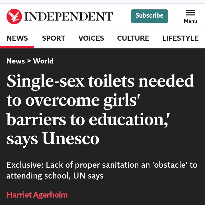 Reminder for schools:

UNESCO have unequivocally stated that single-sex toilets are essential to make education accessible to girls.

Stop letting boys in girls' toilets. Stop introducing mixed-sex toilets.

Stop. Harming. Girls.

Yours,

A 15yo Irish girl.
