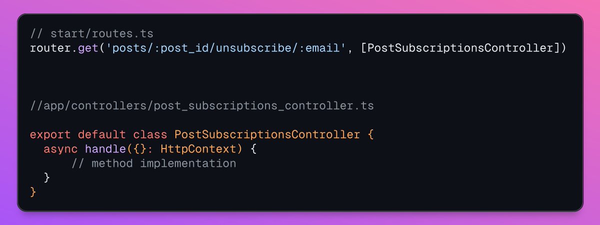 ammezie_'s tweet image. Do you know you can use single-action controllers in #AdonisJS? Here's how to do it ⤵️
The catch is that the controller method name must be `handle` for it to work.