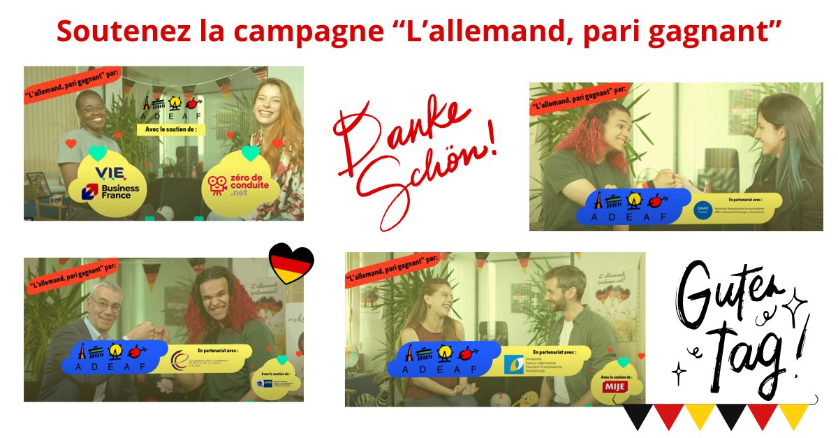 Campagne « L’allemand, pari gagnant » à la recherche de nv sponsors, l’aventure doit continuer. Devenez sponsor de notre projet ! 4 vidéos réalisées. 2 vidéos en attente de tournage. Merci à <a href="/CCEF78/">Comité Yvelines CCE</a> <a href="/DFHUFA/">DFH-UFA</a> <a href="/businessfrance/">Business France</a> <a href="/MijeAssociation/">Association MIJE</a> <a href="/Zdeconduitenet/">Zerodeconduite.net</a> adeaf.net/1084