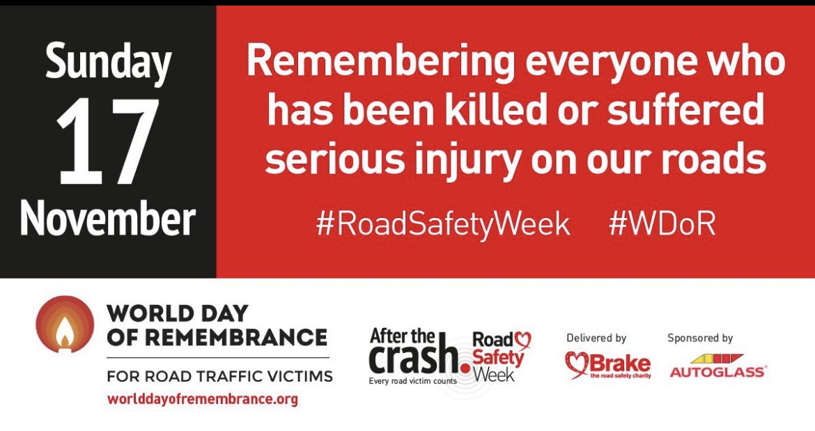 Today is #WorldDayOfRemembrance for Road Traffic Victims &amp; the start of #RoadSafetyWeek. Remembering everyone who has been killed or seriously injured in road traffic collisions, their families &amp; loved ones. We all need to take responsibility for making our roads safer #WDoR