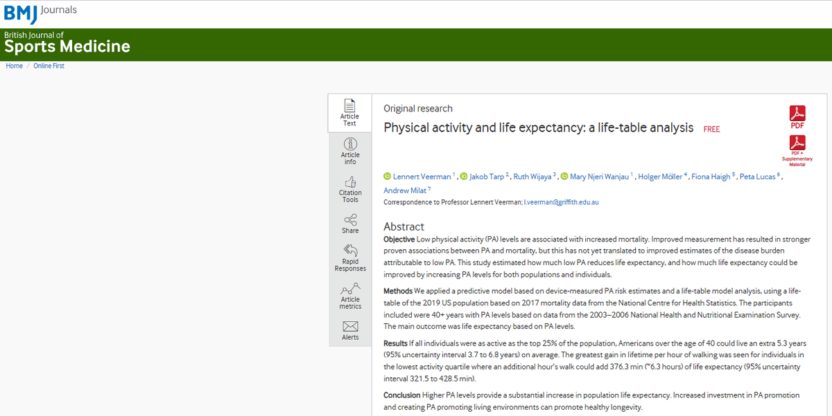 🎊 Just published: #US life expectancy could rise by a whopping 5 years if everyone over age 40 was as active as the top 25 per cent of the population. 

To read more, see the full article here - 
bjsm.bmj.com/content/early/…