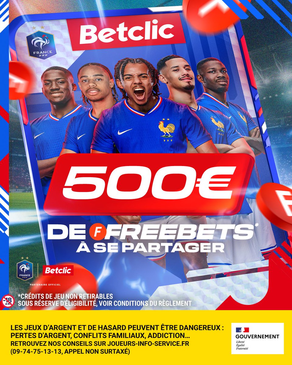 LET'S GOOOO ! On part sur un BIG 10 x 50€ de Freebets* à se partager pour vibrer devant #ITAFRA ! 🤩🇫🇷

👌 RT + Ton prono pour ce soir avec #FreebetsBetclic pour participer
🍀 TAS le 17/11 à 16h