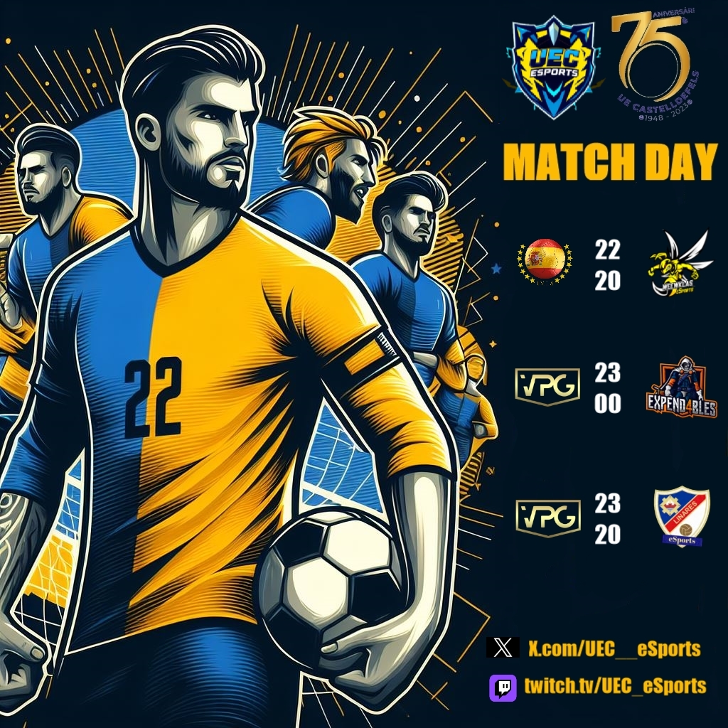 #UECeSports | 🟡🔵

📅 Dimarts 19 de novembre

<a href="/IVFA_Spain/">IVFA Spain</a> 

22:20 VS <a href="/WeewKlas/">Weewklas eSports | Clubes Pro</a> 

<a href="/VPG_Spain/">Virtual Pro Gaming España</a>

23:00 VS <a href="/TH4_Spain/">THE EXPEND4BLES</a> 

<a href="/VPG_Spain/">Virtual Pro Gaming España</a>

23:20 VS @LinaresEsports 

#SomHiGrocs  💛💙