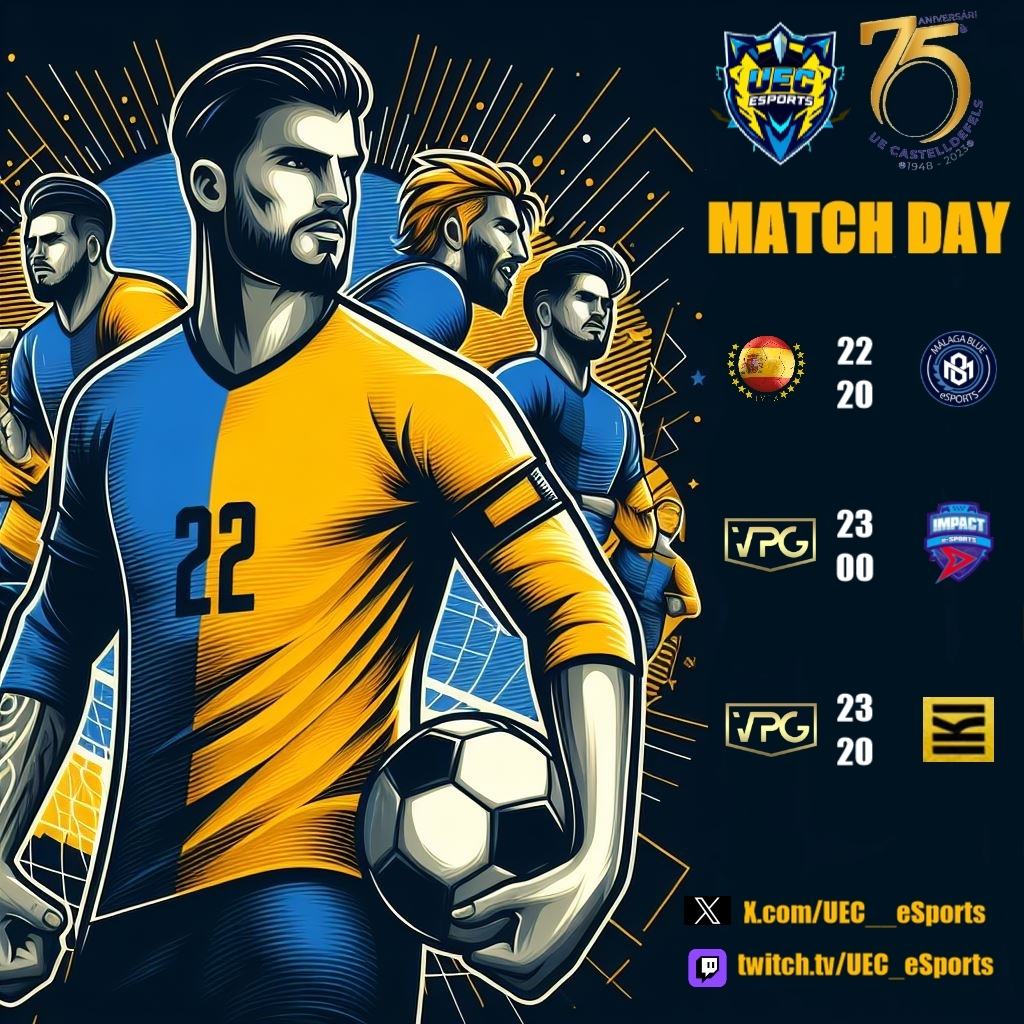 #UECeSports | 🟡🔵

📅 Dimecres 20 de novembre

<a href="/IVFA_Spain/">IVFA Spain</a> 

22:20 VS <a href="/Malaga_Blue/">Malaga Blue</a> 

<a href="/VPG_Spain/">Virtual Pro Gaming España</a>

23:00 VS <a href="/ImpactGame_PS5/">Impact Game eSports</a> 

<a href="/VPG_Spain/">Virtual Pro Gaming España</a>

23:20 VS <a href="/IKITeam/">IKI Team</a> 

#SomHiGrocs  💛💙