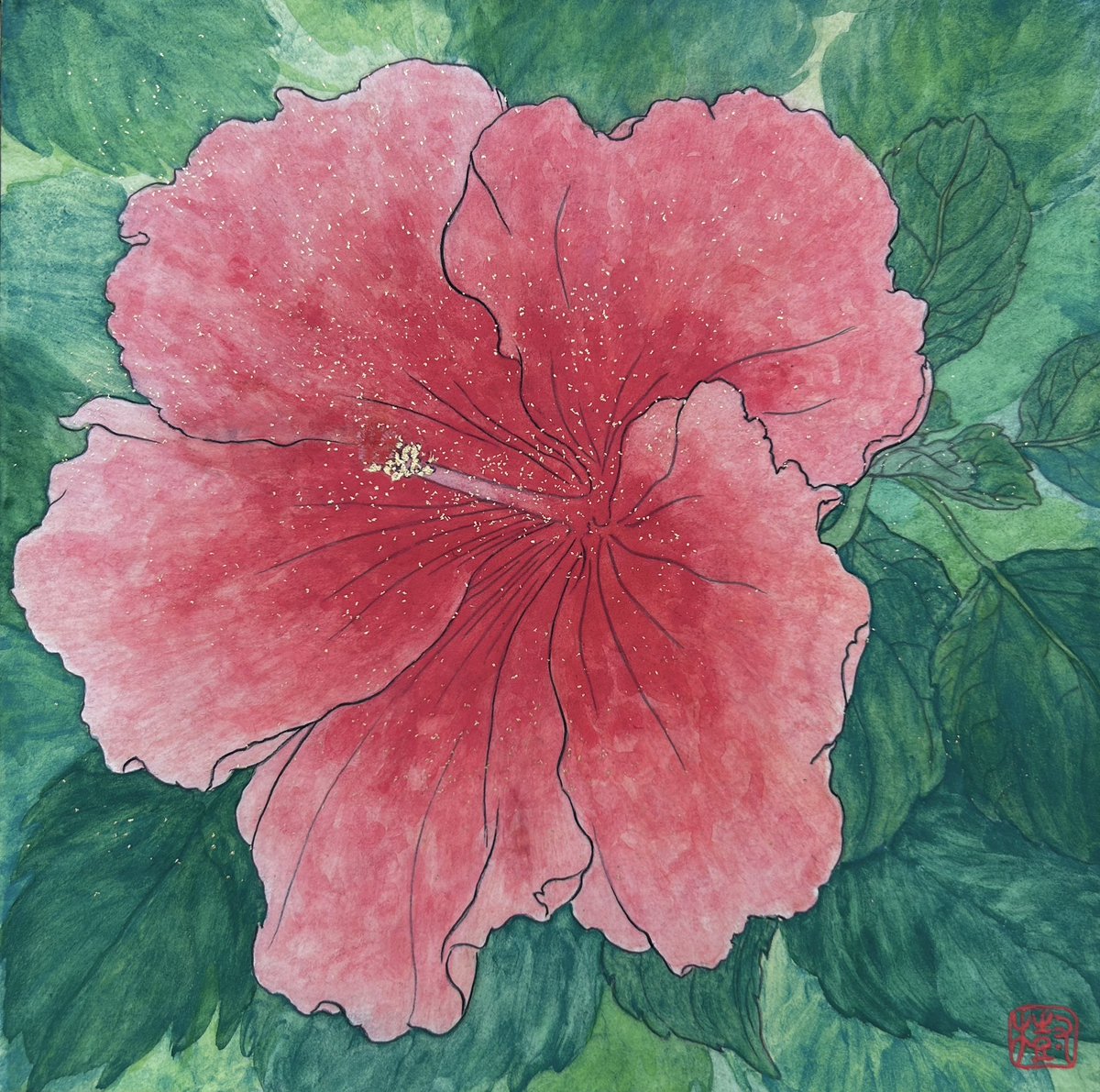 naka2_osushi's tweet photo. 「ハイビスカス」　180×180mm 
雲肌麻紙、岩絵具、箔

#日本画 #仏桑花 #絵 #japanesepainting #hybiscus #🌺 https://t.co/QEPViGpoga