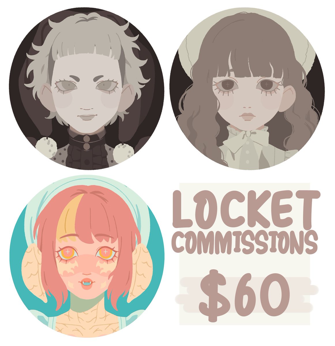 i'm getting fewer shifts at my job &amp; could use some extra funds, so i'm opening 2 slots of these cute "locket"-style round portrait commissions. cutesy and/or spooky characters are of particular interest. not first come, first serve. link to application: forms.gle/QA6WBx54Gwjic2…