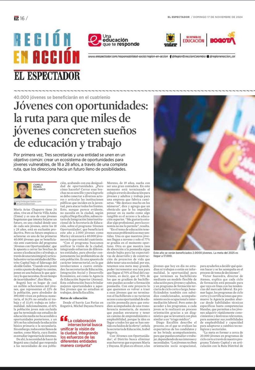IsabelSegoviaO's tweet photo. Con el alcalde @CarlosFGalan nos propusimos que Bogotá sea una ciudad de #JóvenesConOportunidades

Con trabajo articulado con @RobertoAnguloS @marialopezuribe y @vicsaavedraM y sus equipos en @integracionbta @DesarrolloBta y @AteneaBogota los sueños de educación y empleo serán posibles para 40mil jóvenes.

En este artículo de @elespectador pueden enterarse cómo lo estamos logrando 👇🏻