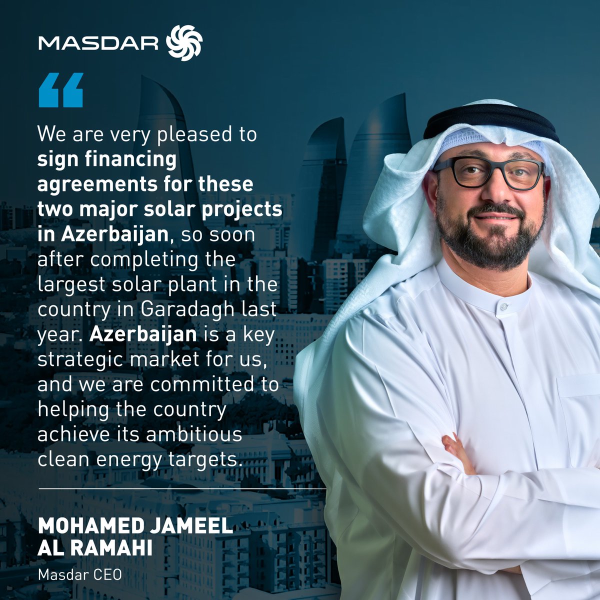Masdar's tweet photo. Our CEO, Mohamed Jameel Al Ramahi, highlighted the significance of the signing of financing agreements for two major new solar projects in #Azerbaijan so soon after the completion of the country’s largest solar plant in #Garadagh last year, and reaffirmed our commitment to supporting Azerbaijan's #CleanEnergy goals.
🔗 Read More: https://t.co/40imGwqOb2
#Masdar #MasdarAtCOP29 #PioneeringEnergy
