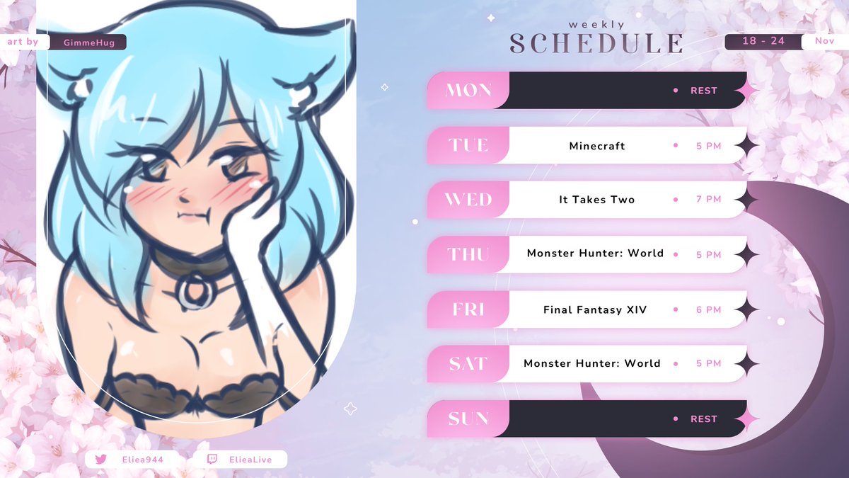 Week Schedule from 18/11 → 24/11

FF14 was a lot of fun last week, so we'll be doing it again this week! As well as more MH Open sessions~

ೋღ 🌺 ღೋ ೋღ 🌺 ღೋ ೋღ 🌺 ღೋ

#vtuber #schedule #twitch #ff14 #ittakestwo #speedrun #charity