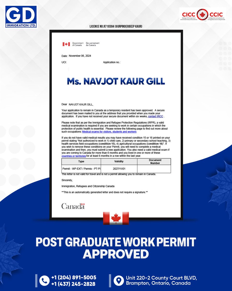 gurmilap27's tweet image. 🎉 Huge congratulations to Ms. Navjot Kaur Gill on the approval of her Post Graduate Work Permit! 🎓🇨🇦

Looking to achieve your Canadian dreams? GD Immigration is here to guide you every step of the way!
.
#GDImmigration #PGWP #WorkPermitSuccess #Canada #CareerGrowth #Immigration