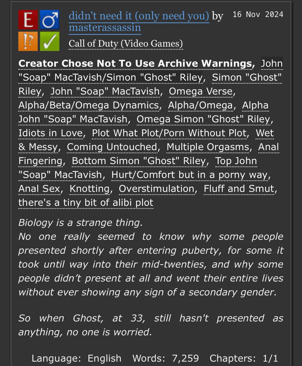 serpentcrawley's tweet photo. i turned the #ghostsoap omegaverse thread into a proper fic on ao3! 🔞

🔗 https://t.co/cvc9h7YoWJ https://t.co/SsfrCDa624