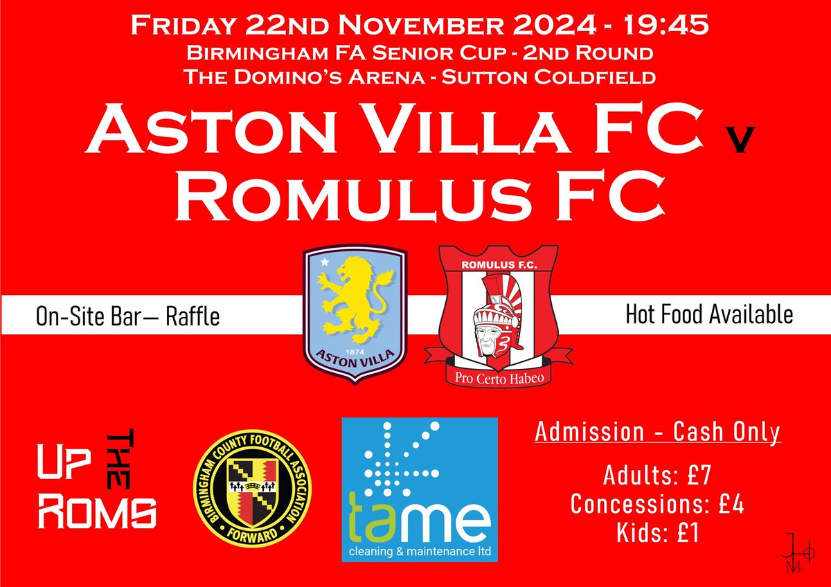 Next Up!

On Friday 22nd November, we take on <a href="/AVFCOfficial/">Aston Villa</a> in the Birmingham Senior Cup at The Domino`s Arena, Sutton Coldfield. Click on the link below for further information. Please note our turnstile is CASH ONLY.

romulusfc.com/f/romulus-fc-t…

<a href="/TameCleaning/">Tame Cleaning</a> <a href="/BirminghamFA/">Birmingham County FA</a> #AVFC