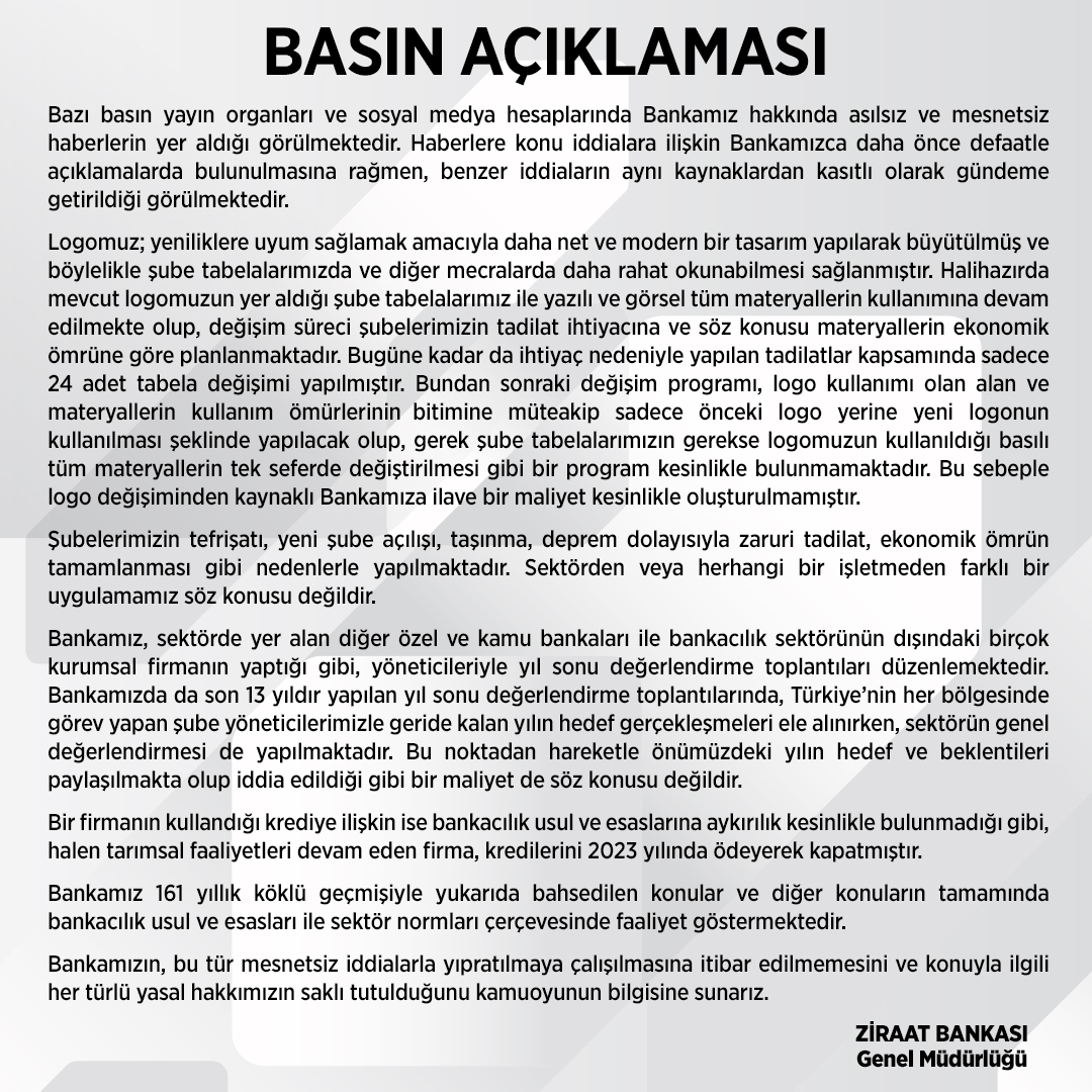 ZİRAAT BANKAMIZDAN ASILSIZ İDDİALARA CEVAP

Bazı Basın Yayın Organlarında Ziraat Bankamız hakkında asılsız iddialar ile ilgili olarak Banka Genel Müdürlüğümüz açıklama yaptı.  Mesnetsiz İddialara itibar edilememesi belirtildi. 

Açıklama şöyledir: