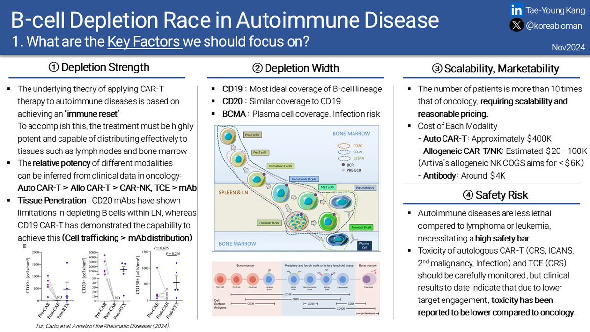 koreabioman's tweet photo. B-cell Depletion Race in AID 1
Identifying key players in this race could present an outstanding investment opportunity. Here’s how I approach this emerging field:
$SANA $IPSC $FATE $CRBU $CRSP $ALLO $PSTX $ACET $TAK $NKTX $LEGN $NVS $BMY $AZN $AMGN $RHHBY $MRK $CGEM $IGMS $XNCR https://t.co/yBGRBjFlEy