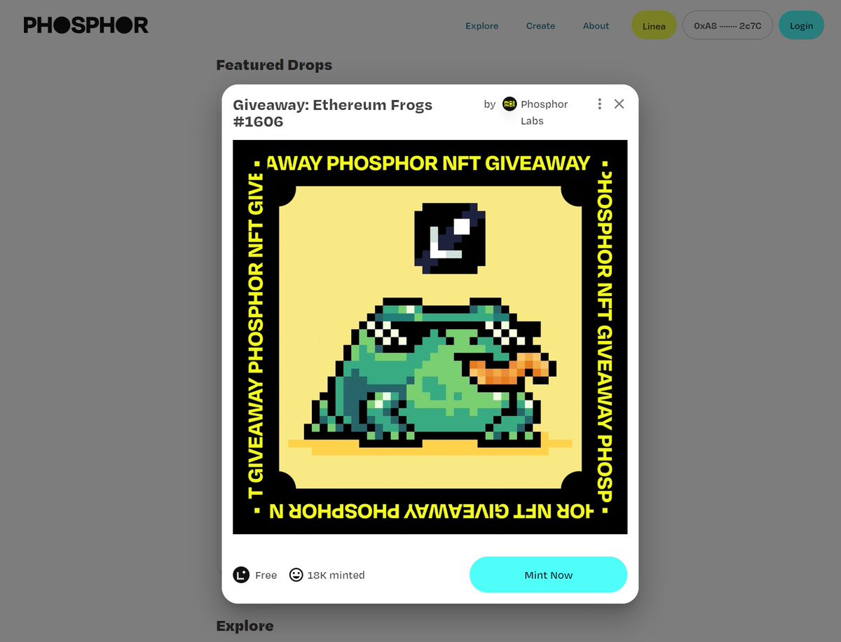 0xShinn88's tweet image. 💎Mint free NFT Ethereum Frogs trên hệ #Linea - Chờ ngày dự án TGE nào anh em, chi phí 0 đồng nhé 

👉 phosphor.xyz/phosphorlabs/c…

Bộ NFT Frogs này rất hot bên hệ #Linea từng có giá 0.3E , nay nó giveaway tickert NFT trên #Phosphor ae đừng bỏ qua chờ ngày Linea #airdrop…