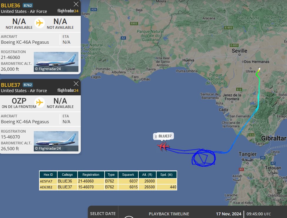 SirListenalot's tweet photo. 0945z #KC46's #BLUE36-37 (Morón - McGuire) picked up some "AK" #F22's out of Rota (likely #TABOR21 -> Langley). 1123z actual position of BLUE36. Expect #KC135's #AE058E #BLUE40 out of Lajes & #AE026B out of Pease to join (both -> Dover) https://t.co/xDwsM7zVDE