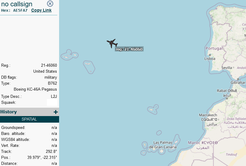 SirListenalot's tweet photo. 0945z #KC46's #BLUE36-37 (Morón - McGuire) picked up some "AK" #F22's out of Rota (likely #TABOR21 -> Langley). 1123z actual position of BLUE36. Expect #KC135's #AE058E #BLUE40 out of Lajes & #AE026B out of Pease to join (both -> Dover) https://t.co/xDwsM7zVDE