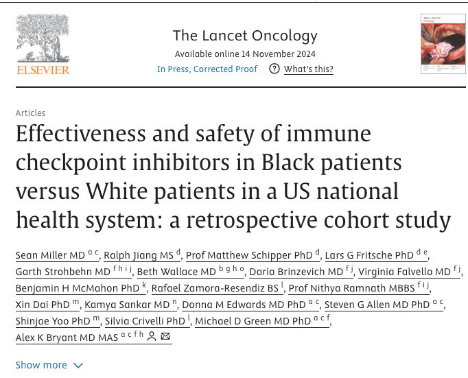 Effectiveness and safety of immune checkpoint inhibitors in Black patients versus White patients in a US national health system: a retrospective cohort study Out on Lancet Oncology

This retrospective cohort study aimed to evaluate the effectiveness and safety of immune