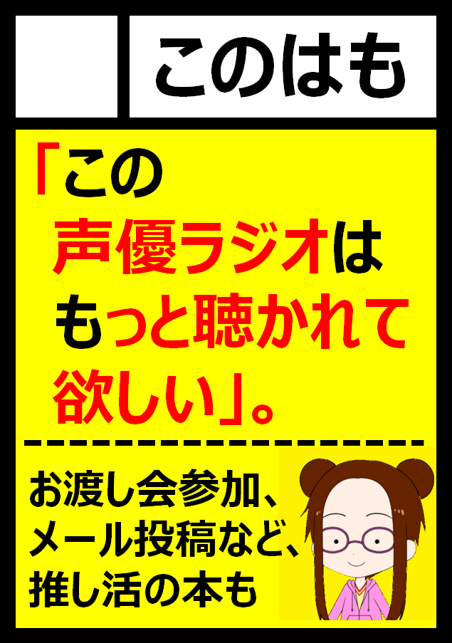 konohamoero's tweet photo. #コミックマーケット105、12/29(日)・東３ホール：サ-08b「このはも」で参加します。
声優ラジオ紹介本、メール投稿本、お渡し会参加準備本などを頒布します。
WEBカタログ https://t.co/oQcgTlBYSy #C105 #コミケ https://t.co/yurnibPbQ5