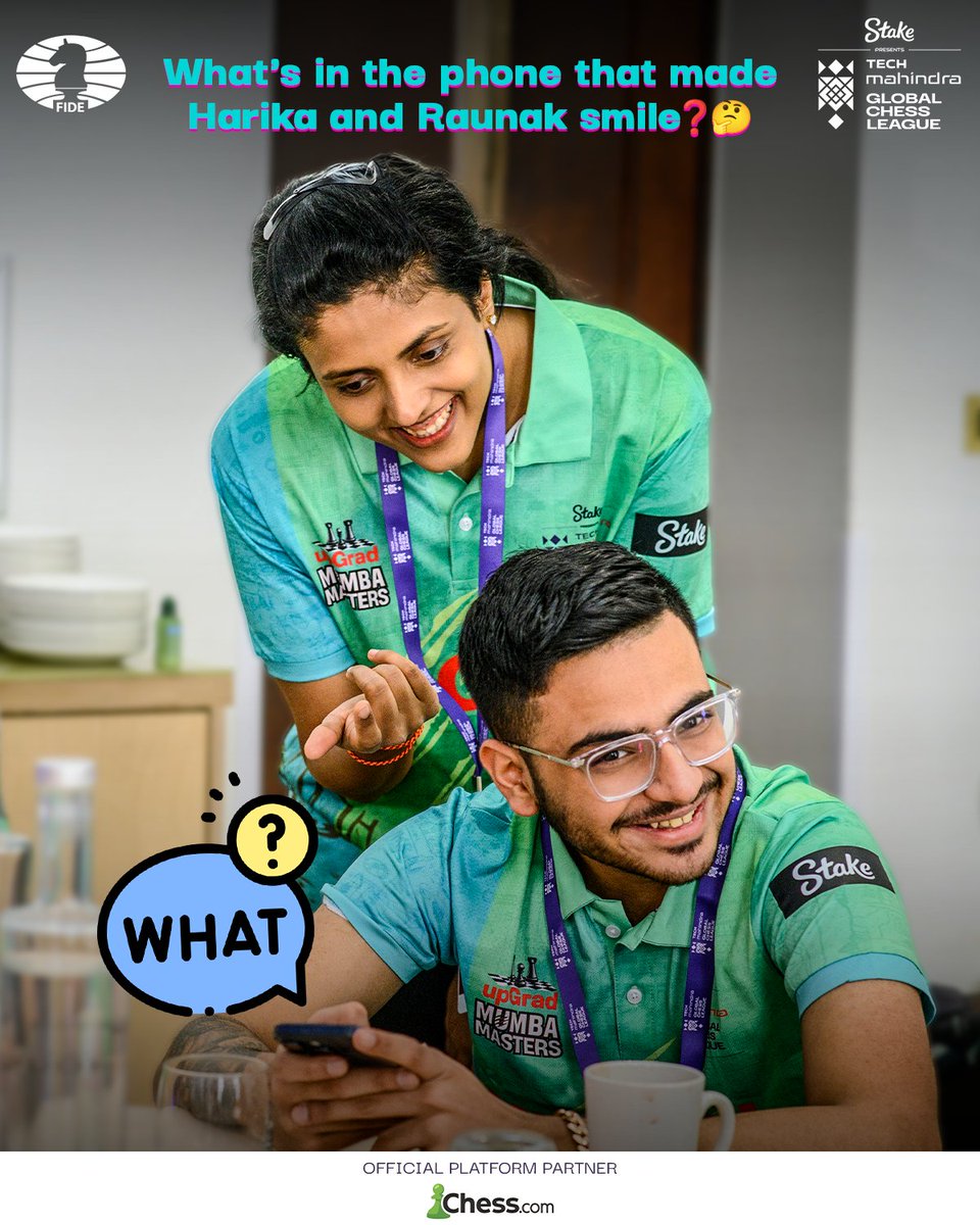 Tech Mahindra Global Chess League (@gcllive) on Twitter photo A smile can say it all, but we still can't figure it out 😬😎
What do you think has made our master smile 🤔
#TechMGCL #TheNextMove | <a href="/tech_mahindra/">Tech Mahindra</a> | <a href="/MahindraRise/">Mahindra Group</a> | <a href="/chesscom/">Chess.com</a> | <a href="/chesscom_in/">Chess.com - India</a> | <a href="/FIDE_chess/">International Chess Federation</a> | <a href="/HarikaDronavali/">Harika Dronavalli</a> | <a href="/sadhwani2005/">Raunak Sadhwani2005</a> A smile can say it all, but we still can't figure it out 😬😎
What do you think has made our master smile 🤔
#TechMGCL #TheNextMove | <a href="/tech_mahindra/">Tech Mahindra</a> | <a href="/MahindraRise/">Mahindra Group</a> | <a href="/chesscom/">Chess.com</a> | <a href="/chesscom_in/">Chess.com - India</a> | <a href="/FIDE_chess/">International Chess Federation</a> | <a href="/HarikaDronavali/">Harika Dronavalli</a> | <a href="/sadhwani2005/">Raunak Sadhwani2005</a>