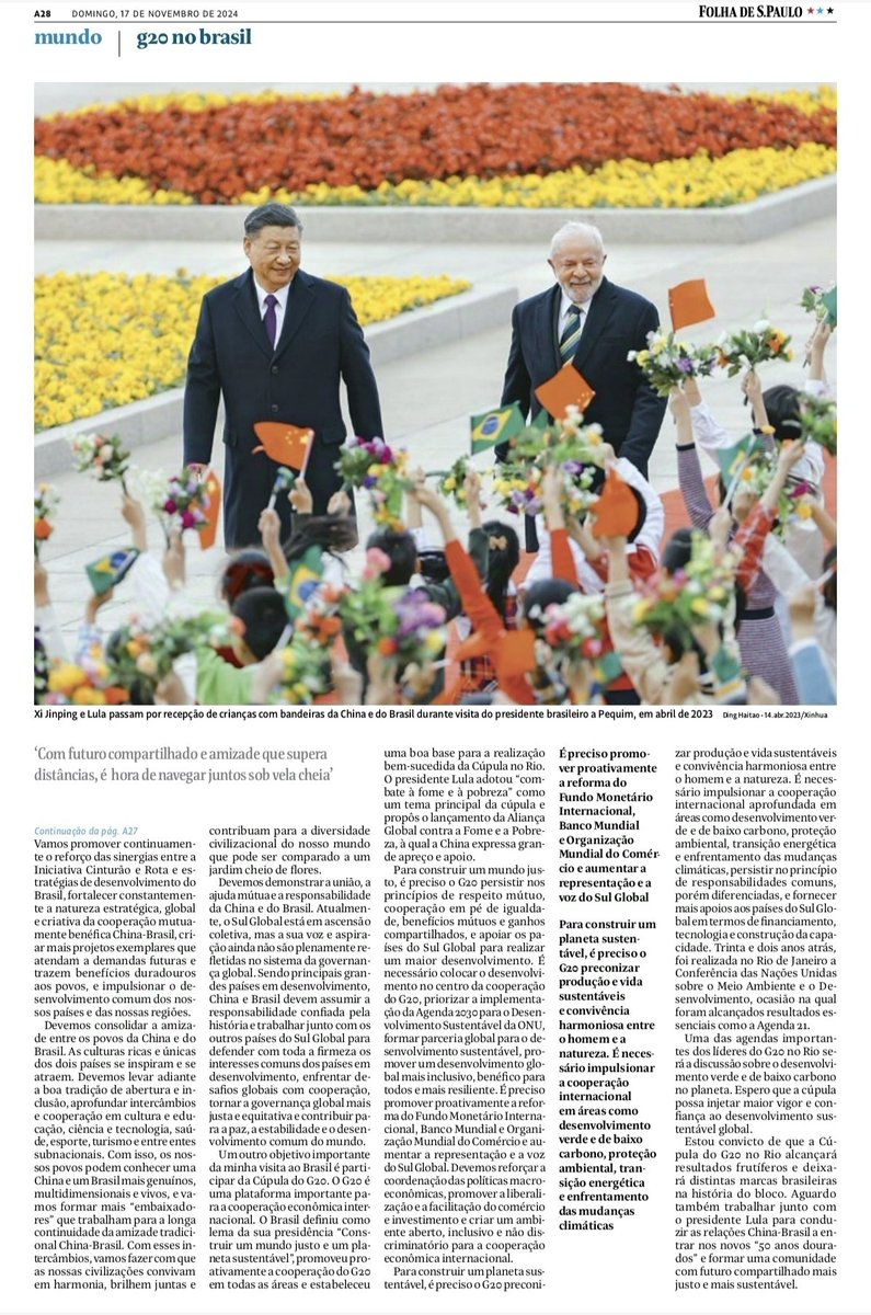 EmbaixadaChina's tweet photo. Por ocasião da visita de Estado ao Brasil, o presidente chinês Xi Jinping, publicou neste domingo(17) o artigo assinado intitulado “China-Brasil: Com futuro compartilhado e amizade que supera distâncias é hora de navegarmos juntos sob velas cheias” no @folha.
Leia o artigo na íntegra: https://t.co/mRCrM1oRSJ