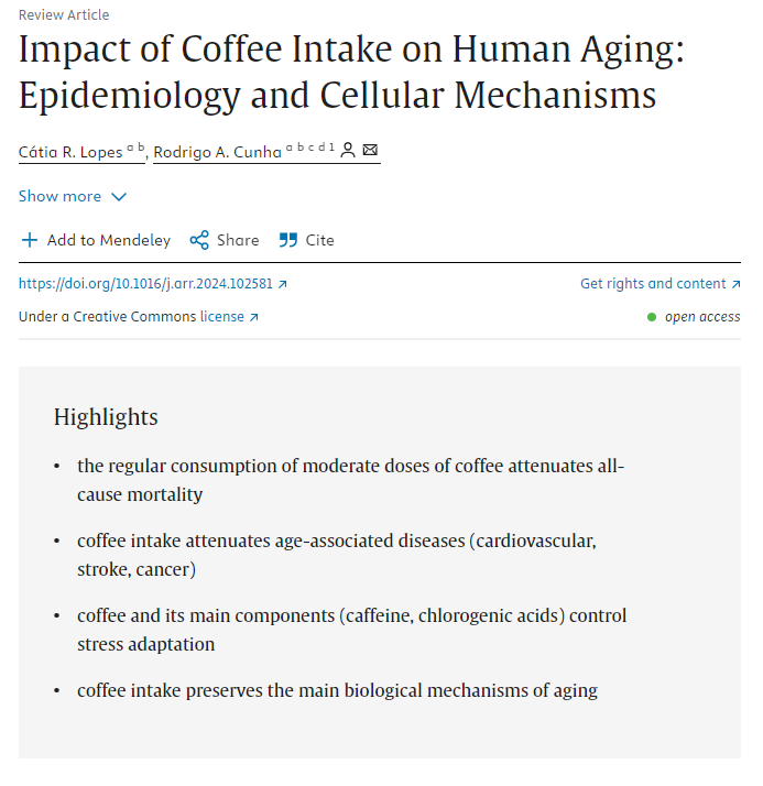 New study proposes that moderate coffee consumption attenuates aging.

Coffee could lead "to an average increase in healthspan of 1.8 years of lifetime"