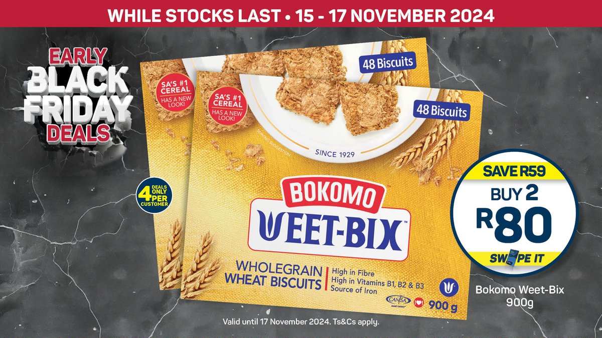 picknpayasap's tweet image. 🌾 SAVE R59 🌾 Get 2 x Bokomo Weet-Bix 900g for ONLY R80!

Don’t miss out! 📲

*Deal ends 17 November 2024. Subject to stock availability. Prices may vary per store. Ts&amp;amp;Cs apply.  

#EarlyBlackFriday #Deals #Savings