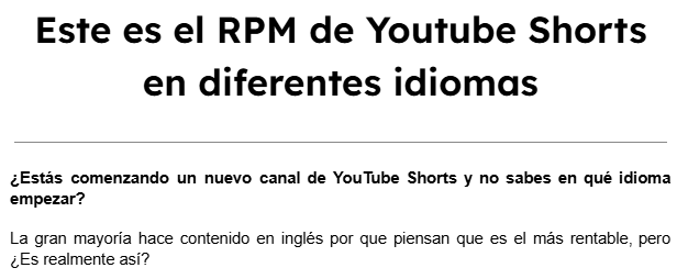 Muchos creen que el inglés es el idioma más rentable en YouTube Shorts.

Pero hay otros idiomas que superan al inglés en RPM y ofrecen mejores oportunidades para crecer.

Si quieres saber cuáles son, tengo un documento con datos oficiales de YouTube.

Follow + RT (para que pueda