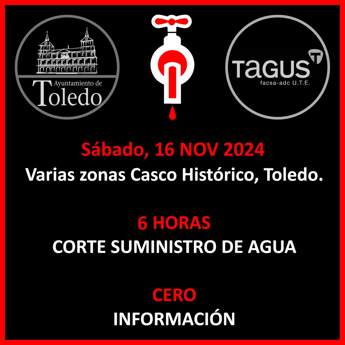 ToledoHistorico's tweet photo. #Toledo #CascoHistórico #Transparencia #Servicios #Agua 
Ayer, de 11:30H a 17:30H, 6 horas de corte en el servicio de suministro de agua en varias zonas del #barrio del Casco Histórico.
NINGUNA #información de Tagus y @ToledoAyto al #vecindario afectado...
MAL, MAL, MUY MAL. https://t.co/lv50jGW9Gm