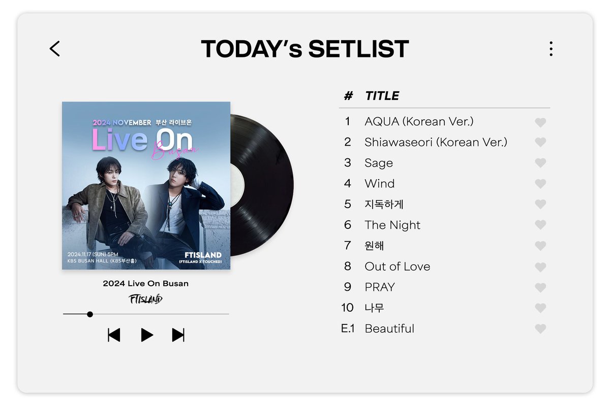 FT_FANCLUB's tweet image. [🎧] TODAY's SETLIST

📆 2024. 11. 17 (일)
📍 2024 Live on Busan

#FTISLAND #FT아일랜드 #Liveon #LiveonBusan