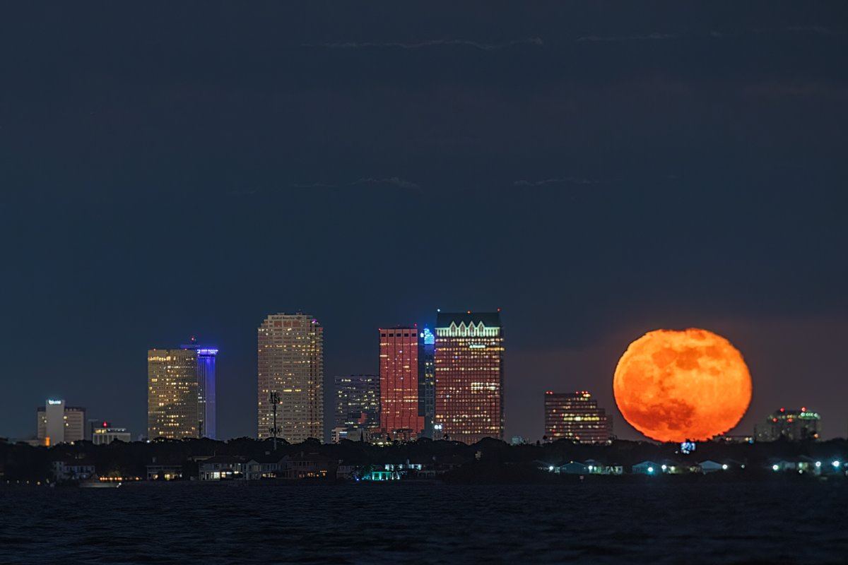 MattPaulson28's tweet photo. Last nights Full Beaver Supermoon rising next to Tampa. This will be the last supermoon for a year.  The moon appeared and then disappeared behind the clouds but gave me time to capture this photo.🦫🌕#fullbeavermoon #fullmoon #tampa #tampabay https://t.co/1vrsKOQ2aa