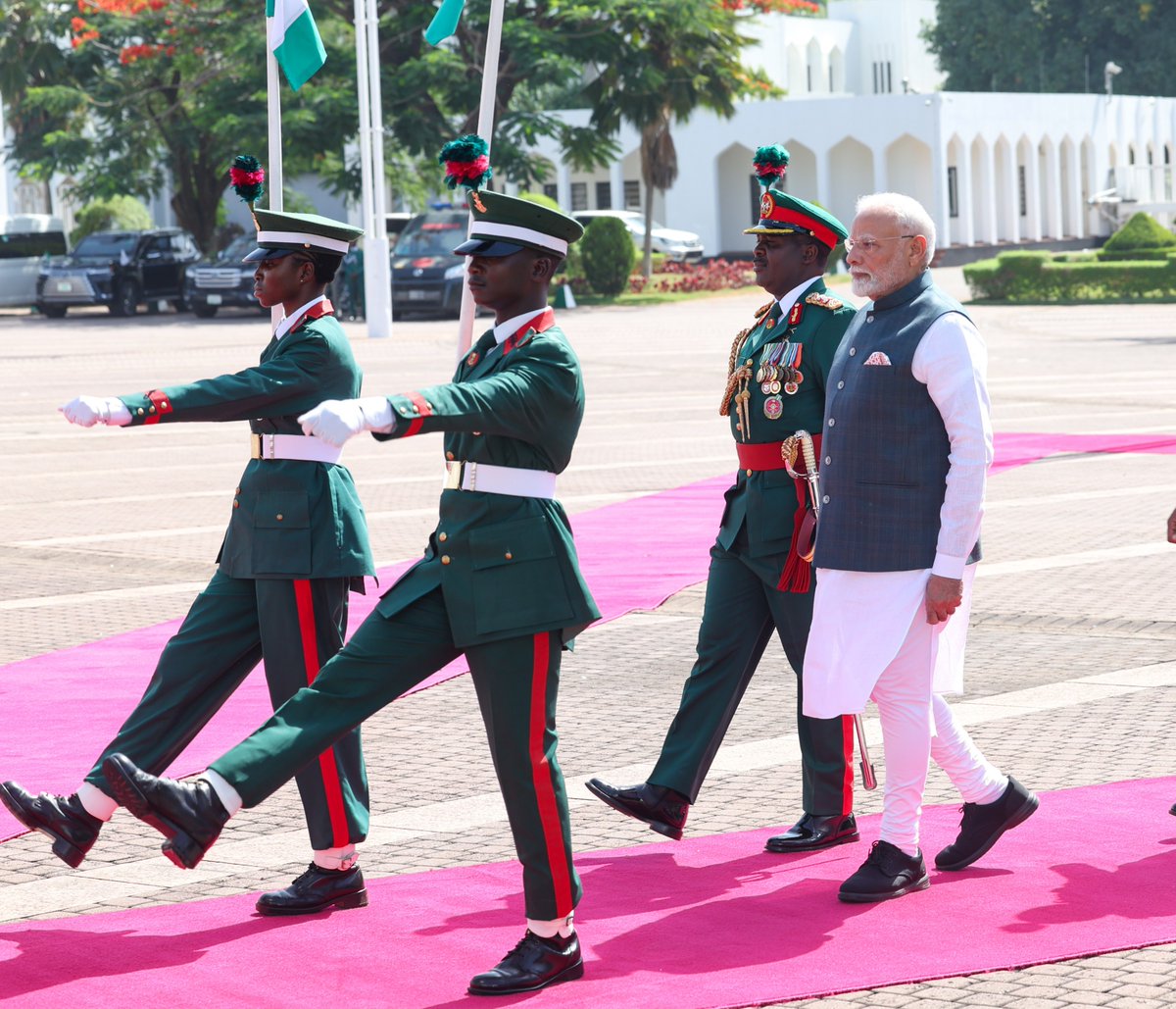 At the ceremonial welcome in Abuja, Nigeria.