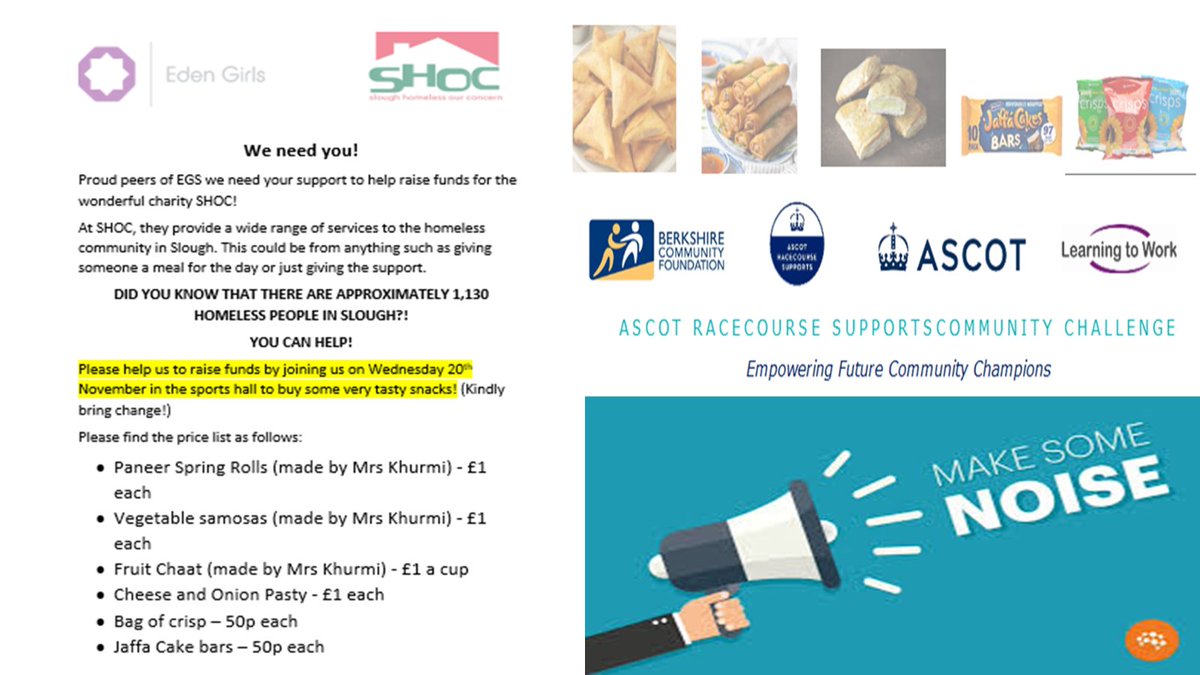 edengirlsslough's tweet photo. Come and join us and make some noise to raise funds and awareness for SHOC - Slough Homelessness Our Concern. #FoodSale #Wednesday20thNovember #RaisingFundsAndAwareness #AscotRacecourseCommunityChallenge #SHOC @LearningtoWork https://t.co/dmHdHxo1dO