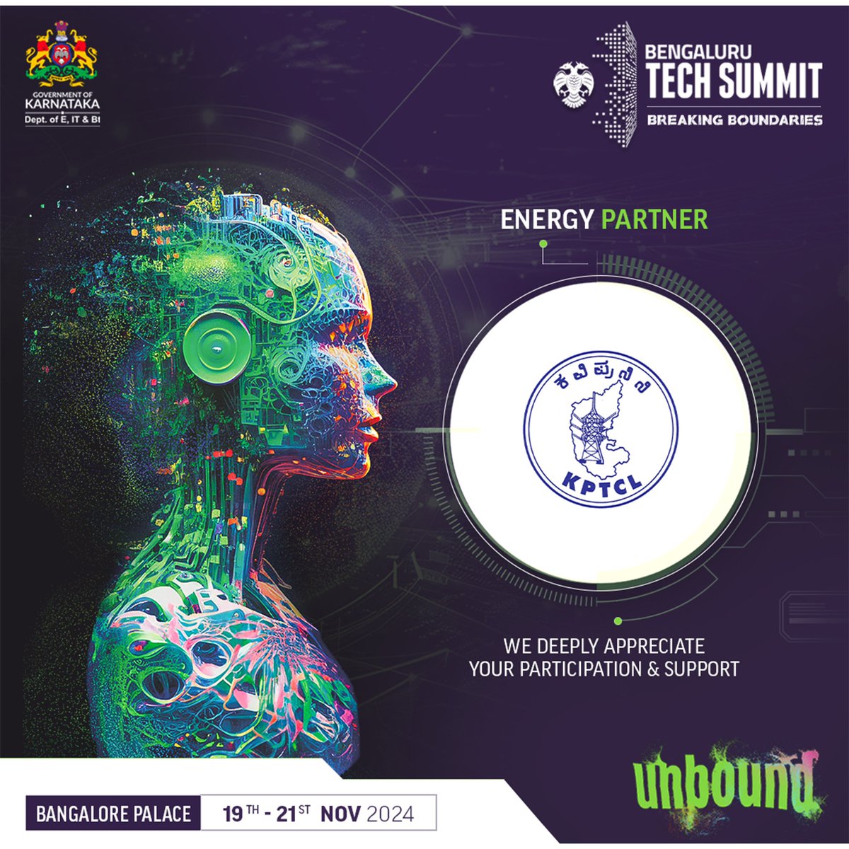 blrtechsummit's tweet photo. Excited to have @kptcl_official as the “Energy Partner” for #BTS2024, where innovation knows no limits and boundaries are meant to be broken. Together, we go Unbound! #BTSUnbound #BreakingBoundaries #BengaluruTechSummit @kiranshaw @DrCaur @bindal_ruchi https://t.co/Io7dblANNj