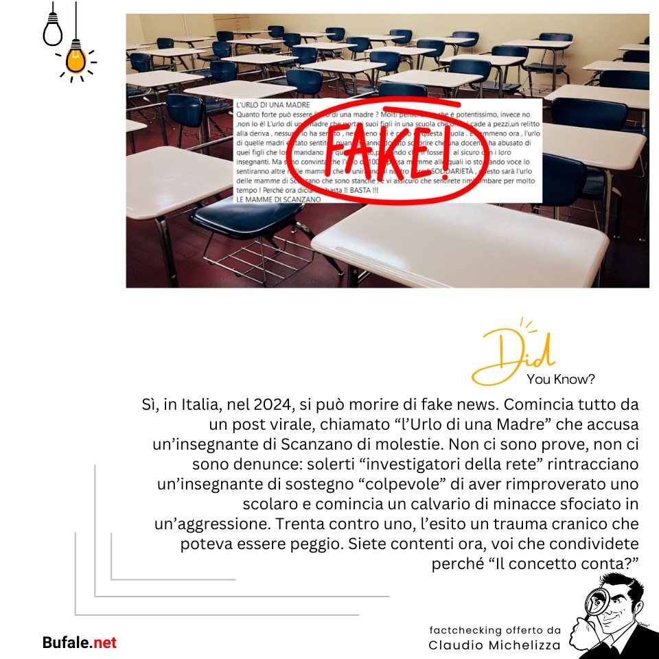 In #Italia si può morire di #fakenews. Lo dimostra una maestra, mandata in ospedale con un #traumacranico da trenta mamme perché un post #virale su #Facebook la accusava di molestie. Senza alcuna prova

Per dettagli: bufale.net/si-in-italia-s…