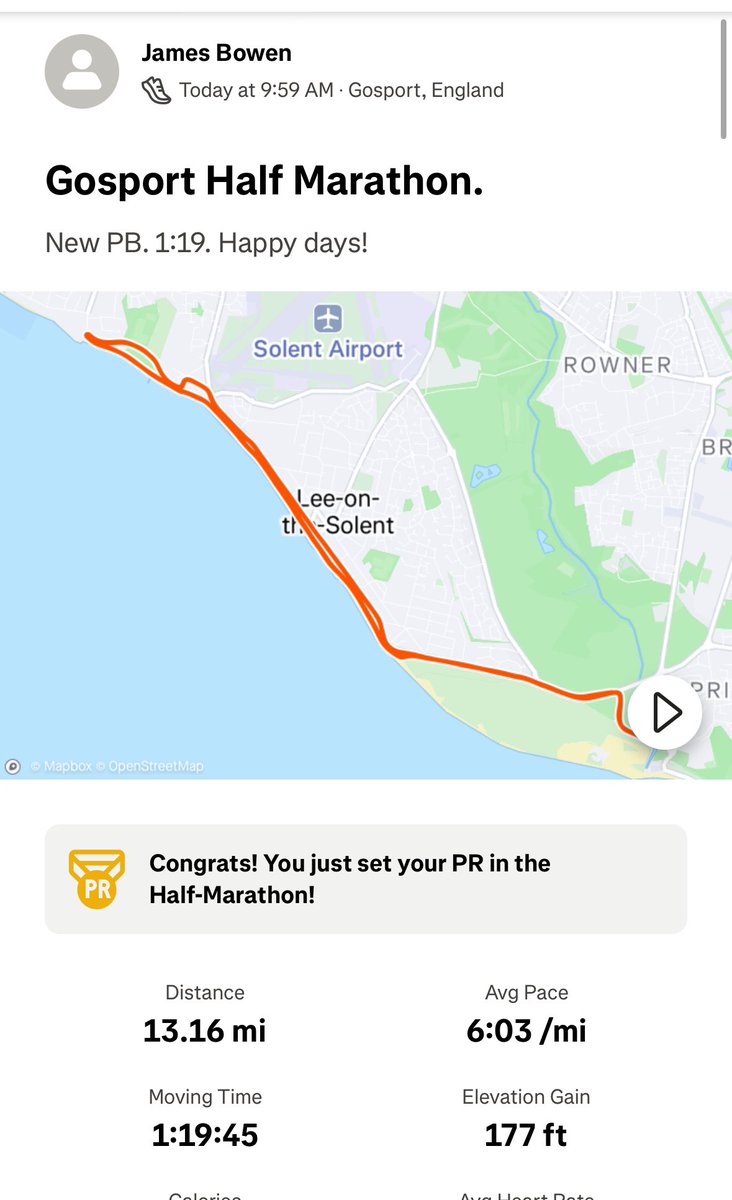 Gosport Half Marathon done. Finish time  1:19:56. 
Time for a few weeks off before starting the next training block. 🏃‍♂️ 🏃‍♂️