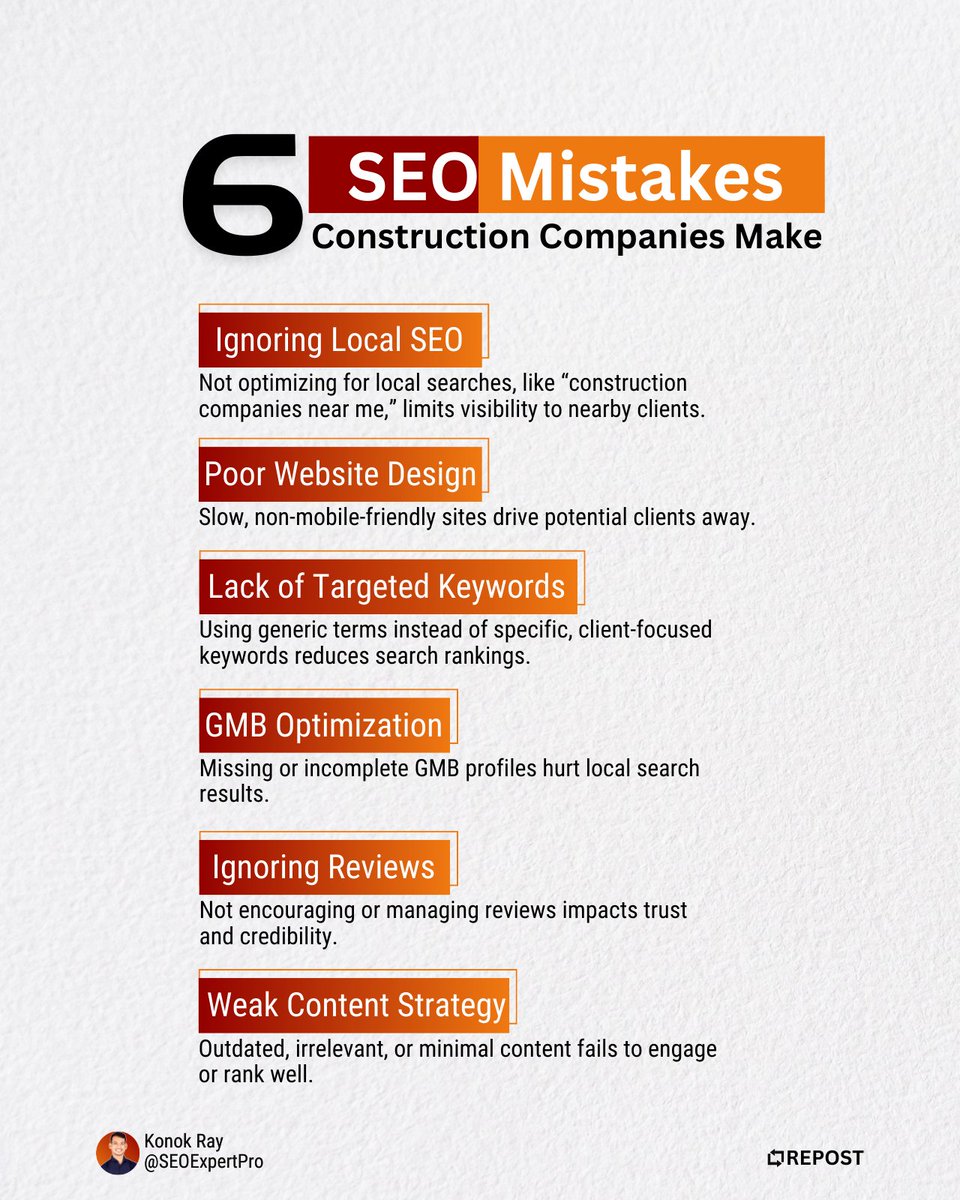 SEO_Expert_Pro's tweet photo. Top 6 SEO Mistakes Construction Companies Make ❗

Avoid these mistakes

- Ignoring Local SEO
- Poor Website Design
- Lack of Targeted Keywords
- No Google My Business (GMB) Optimization
- Ignoring Reviews
- Weak Content Strategy

#SEO | #Construction | #SEOExpertPro https://t.co/bk3Ybktcwl