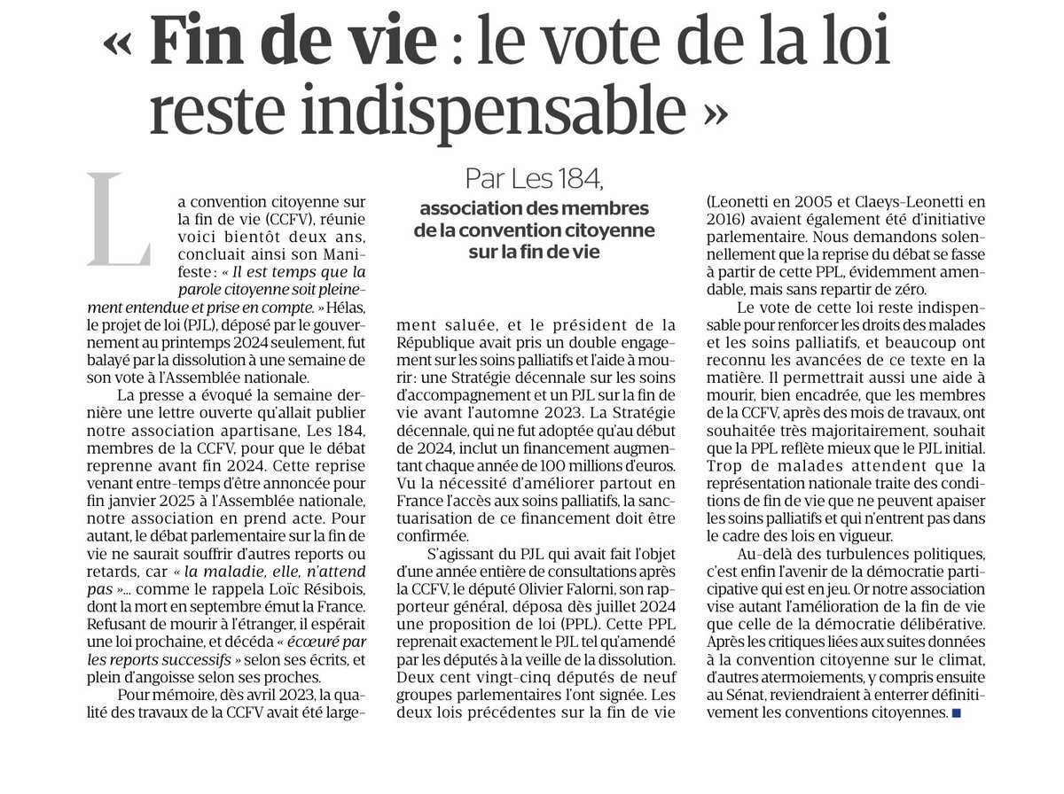 Alors que 184 membres de la convention citoyenne - c’est-à-dire l’immense majorité de ses membres ! - demandent encore, aujourd’hui, dans la <a href="/TribuneDimanche/">La Tribune Dimanche</a> le vote d’une loi sur la fin de vie, <a href="/BrunoRetailleau/">Bruno Retailleau</a>, sur <a href="/RTLFrance/">RTL France</a>, rappelle, une nouvelle fois, son opposition TOTALE