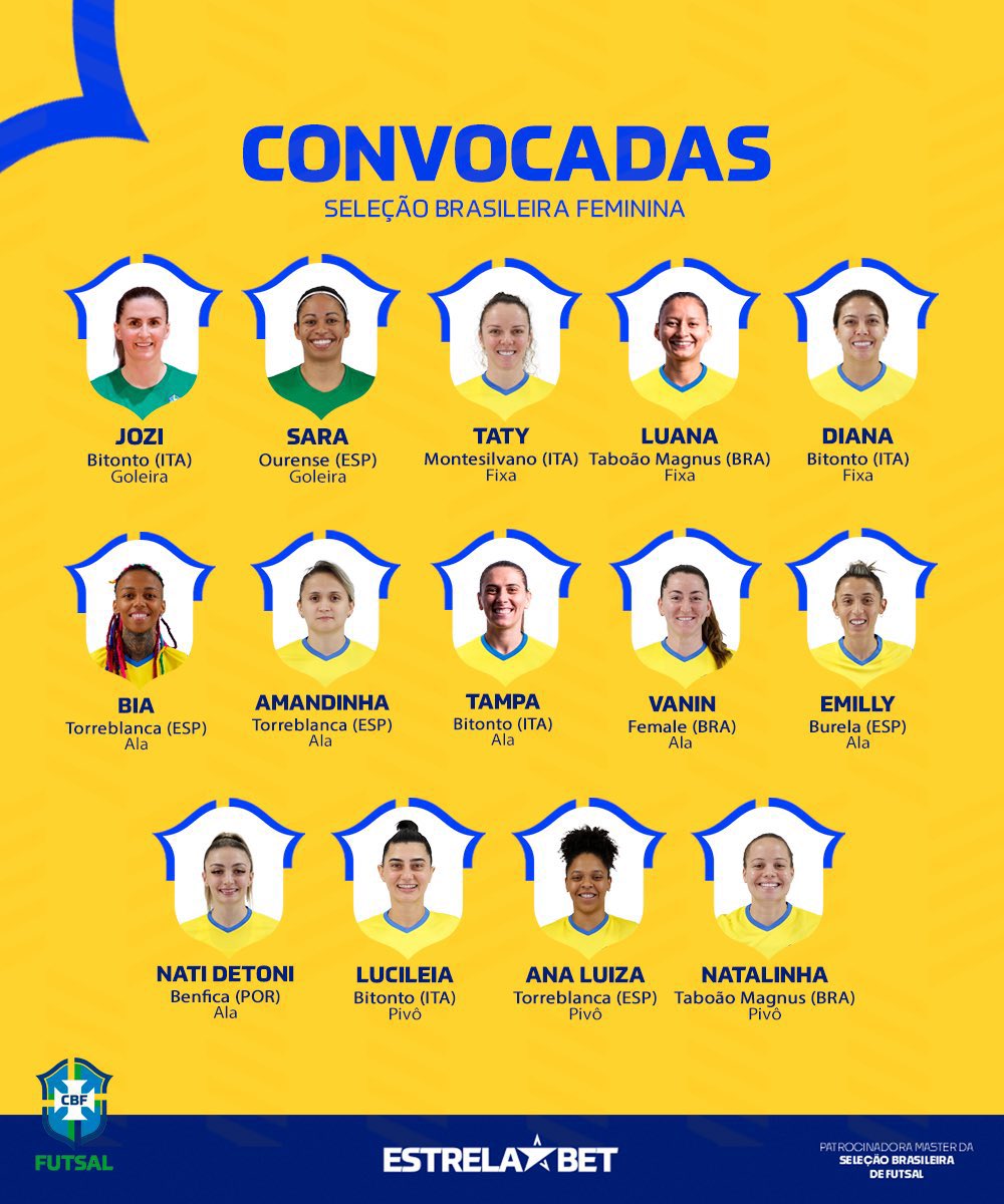 🇧🇷 Brasil disputará contra Italia 🇮🇹 un par de amistosos a principios de diciembre en Bitonto.

🟡Entre las convocadas:
✔️ <a href="/Sarasoares91_/">Sara Soares</a> 
✔️ <a href="/Biasouzafutsal/">Bia Souza</a> 
✔️ <a href="/amandinhafut10/">Amandinha #10</a> 
✔️ <a href="/EmillyMarcondes/">Emilly Marcondes 🇧🇷</a> 
✔️ <a href="/Aannaaa09/">Ana</a> 

O “nuestra”:
✔️ <a href="/Jozi_Oli1/">Jozi Oliveira</a> 

👇
