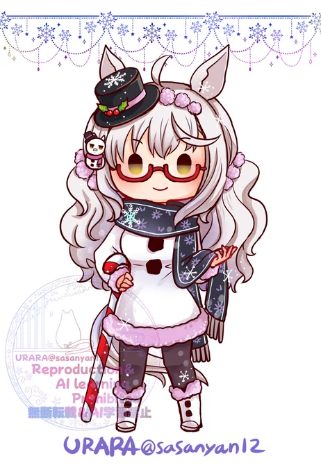 冬コミで出したいアクキークリスマスの雪だるまモチーフのビワハヤヒデマフラーは、原画で巻いてたやつで、髪飾りの雪だるまはブライアンモチーフ 